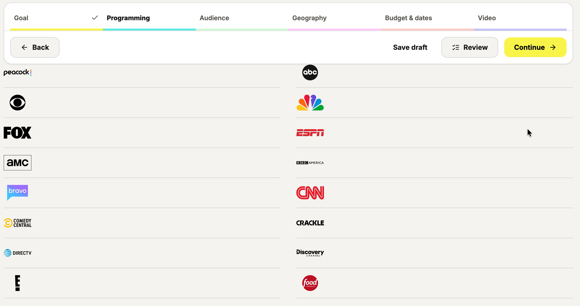 Actual Substation programming selection showing premium network logos